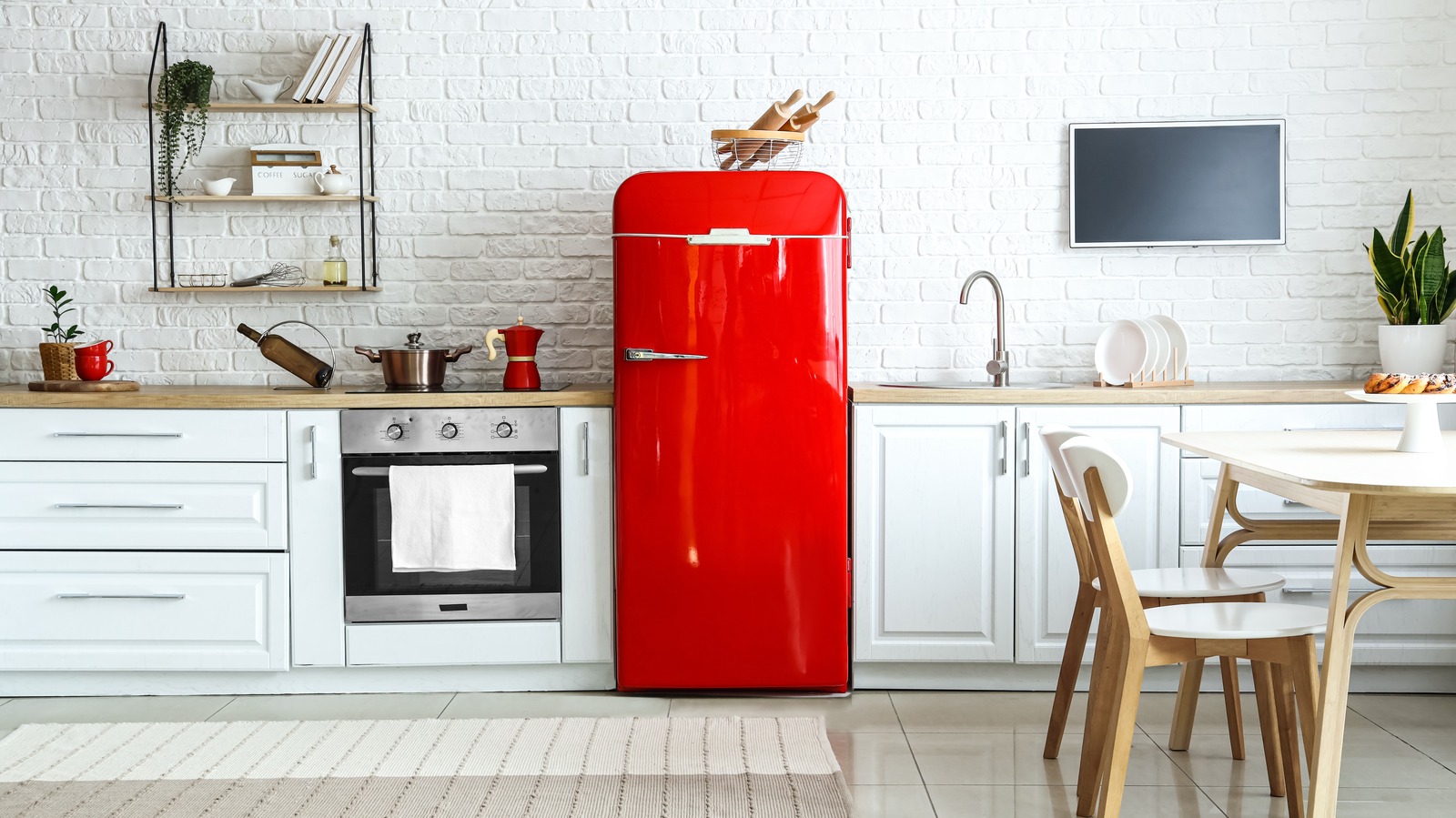 Interior,Of,Light,Kitchen,With,Red,Fridge,,White,Counters,And